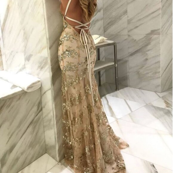 Champagne/gold trumpet dress with sweep train, tulle evening dress - Picture 2 of 4